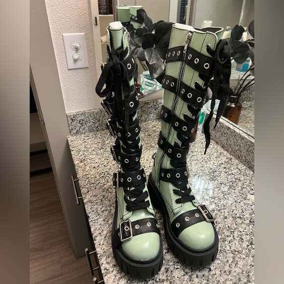 Dolls Kill Black and Green Over the Knee Boots - Picture 3 of 4